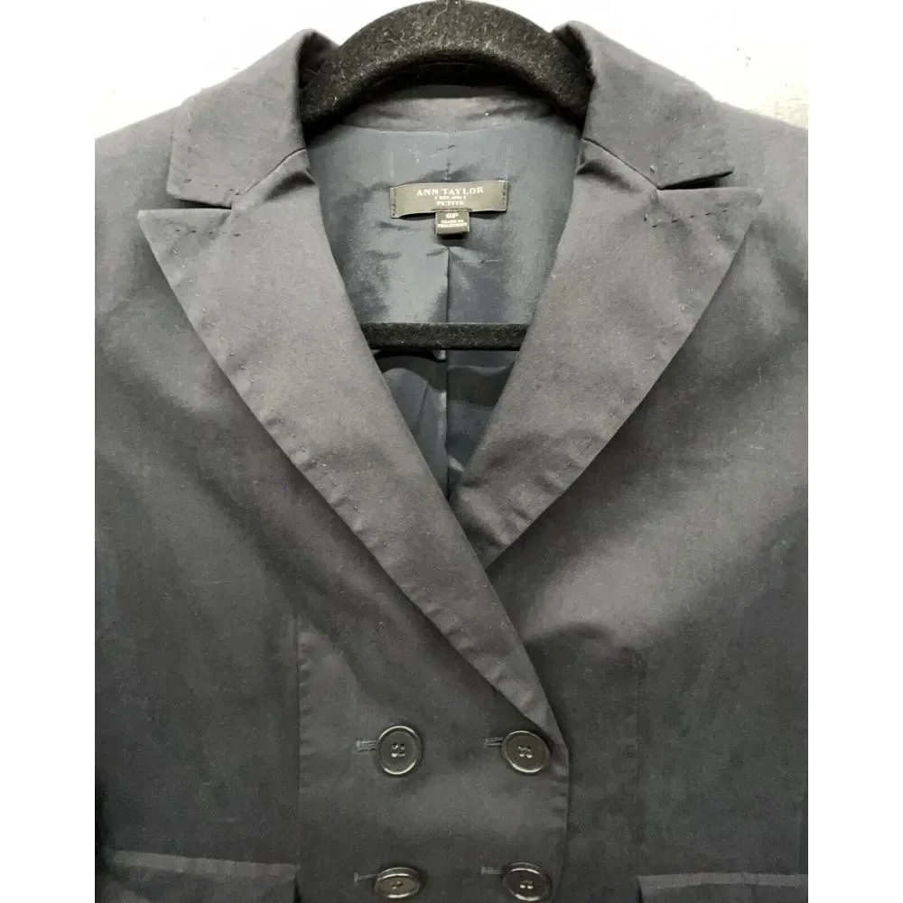 Ann Taylor Petite Blazer 6P‎ Blue Dbl Breasted Crop Lined Stretch Jacket Career